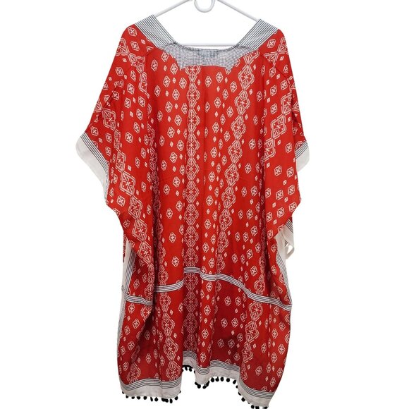 Red & White Printed Kimono Cardigan With Tassel Hem Womens One Size - Picture 2 of 5